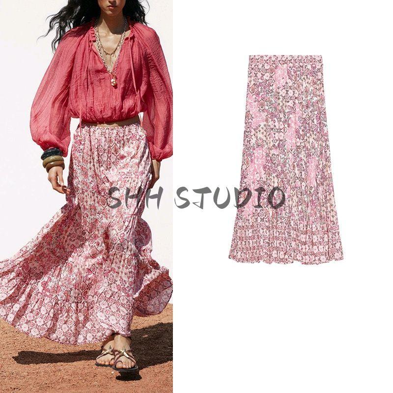 Summer New Arrival Women's Layered Stitching Big Swing Bohemia Retro Print Long Skirt 5029090