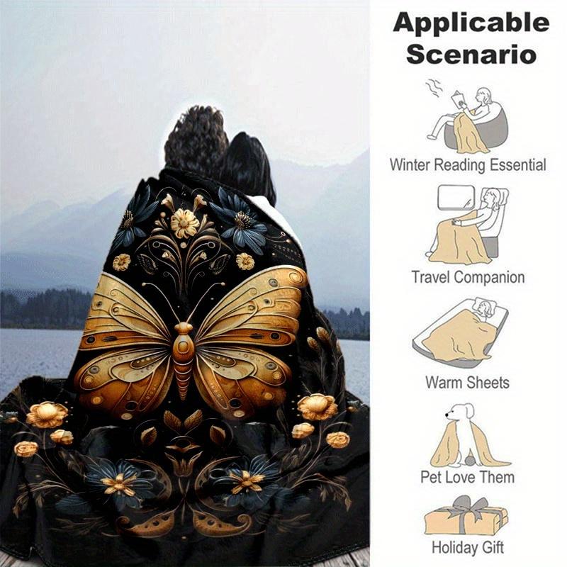 1pc Golden Butterfly Printing Lightweight Flannel Blanket, Comfortable and Warm Blanket, for Camping Sofa Bed and Couch Office, Gift