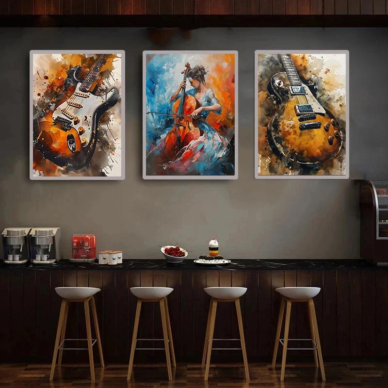 Electric Guitar Trendy Musical Instrument Poster Modern Abstract Fashion Design Canvas Art Painting Picture Bar Home Decor Gi