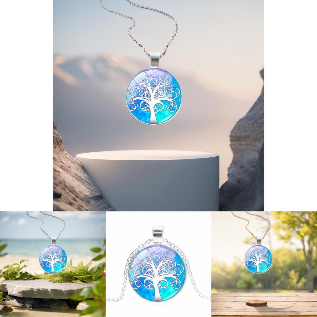 Elegant Tree Pattern Pendant Necklace In Vintage Silver Color With Classic Glass Cabochon