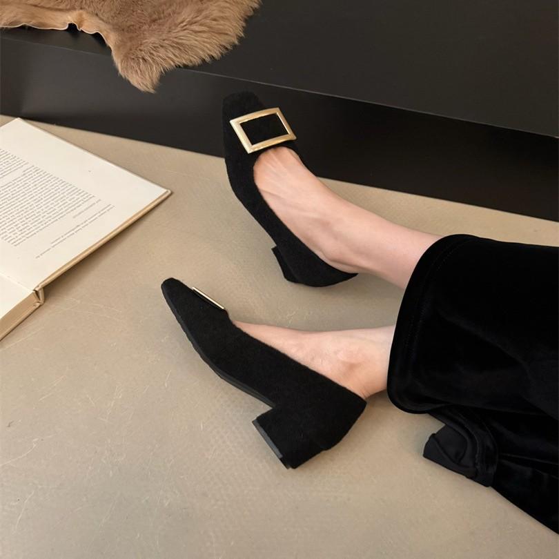 Mori Ship--Temperament commuter low-heeled shoes 2025 autumn new round head versatile thick-heeled single shoes women's square buckle work shoes