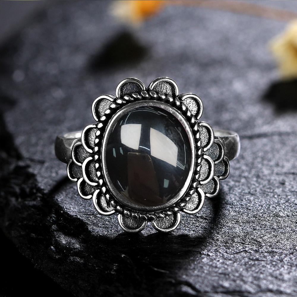 S Silver Ring for Women Oval Round Natural Black Agate Ring Gift Sun Shaped Retro Luxury Fine