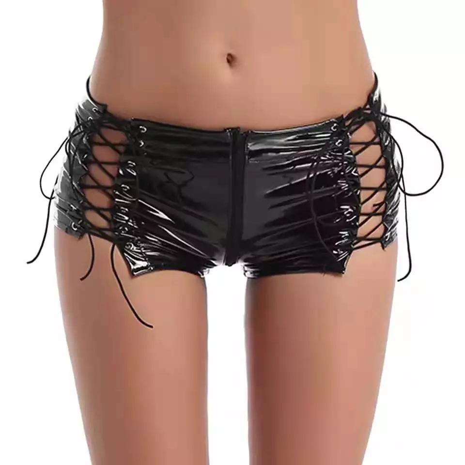 European & American Sexy Black Patent Leather Lace-Up Lingerie Set with Hollow Design