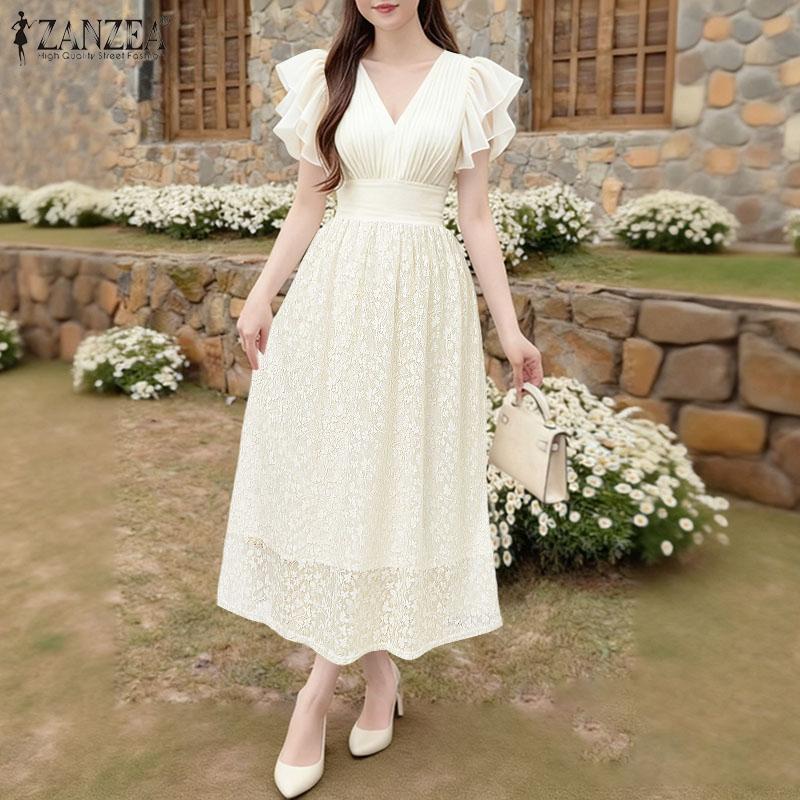 ZANZEA Women Casual V-Neck Ruffles Short Sleeve Elegant Lace Dress
