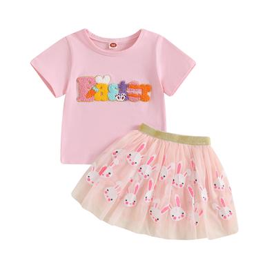 Strój wielkanocny dla małej dziewczynki Zestaw 2 szt. Topy z krótkim rękawem i okrągłym dekoltem z haftem z literami i króliczkiem z cekinami Spódnica o kroju A