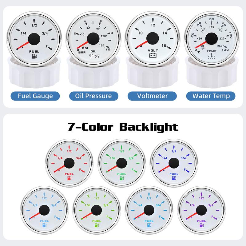 12V24V Universal 52MM 4 Gauge Kit with 2 Sensor Water Temperature + Oil Pressure + Fuel Level + Voltmeter For All Vehicle Marine