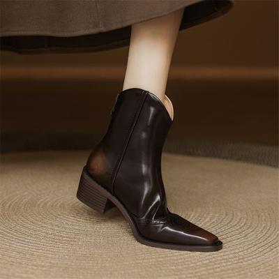 Fashion New Autumn Winter Split Leather Women Boot Shoes for Women Square Toe Fashion Brogue Designs Short Boots Handmade Western Boots