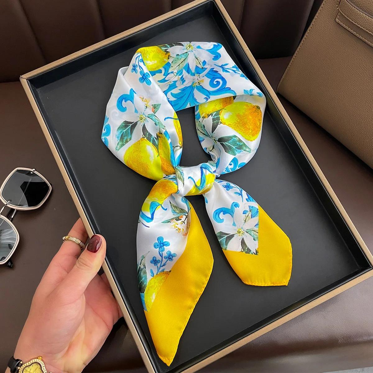 

Women Square Scarf Fashion Floral Print Imitation Silk Hairbands Neckerchief Bandana Small Shawl Wrap 70cm Square 70x70cm