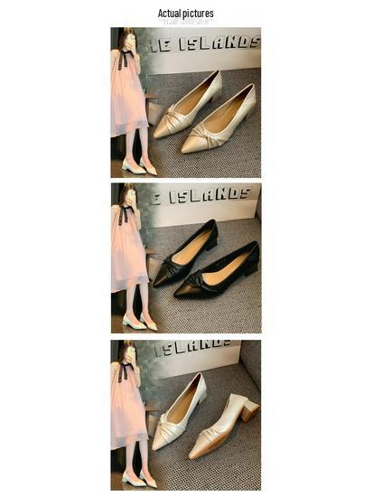 Women's French Style Chunky Heel Pointed Toe Leather Shoes, Autumn 2025 Edition