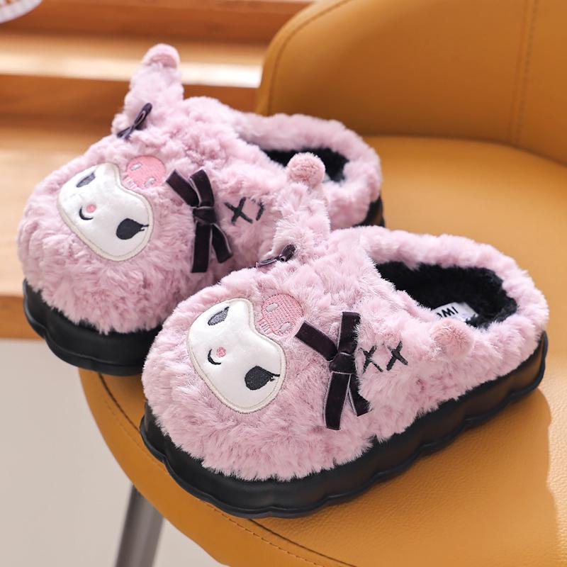 Sanrio Winter Furry Cotton Slippers for Girls – Warm Indoor Cartoon Shoes with Thick Soles, available in Parent-Child Sizes.