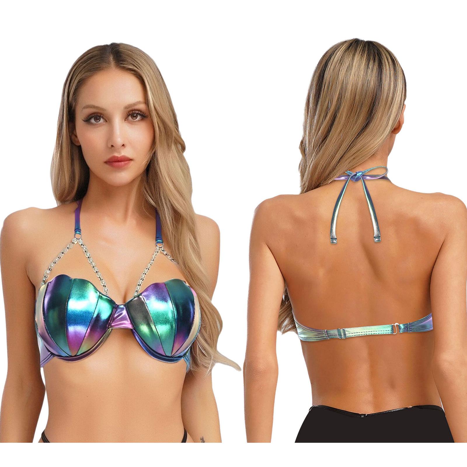 

Бікіні топ з перловим ланцюжком на зав язці навколо шиї для жінок S-XXL: Блискучий напівпрозорий бюстгальтер для плавання, форма мушлі зі світлим наповнювачем, незамінний елемент пляжного одягу L синій