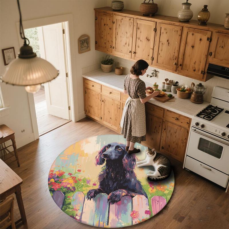 Flower Fence Dog,Round Area Rug,Carpet Rug for Living Room Bedroom Sofa Playroom Decor,Non-slip Floor Mat