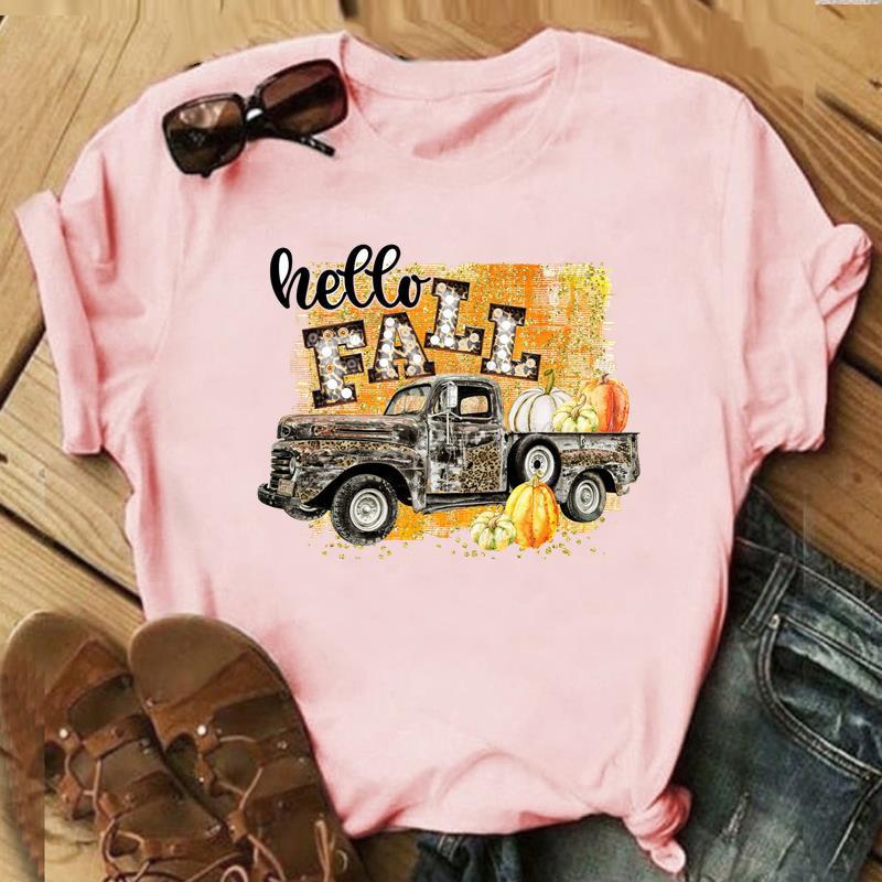 Autumn Maple Leaf Halloween Thanksgiving Print ShortSleeved TShirt European American Style Aesthetic Top for Unisex Women