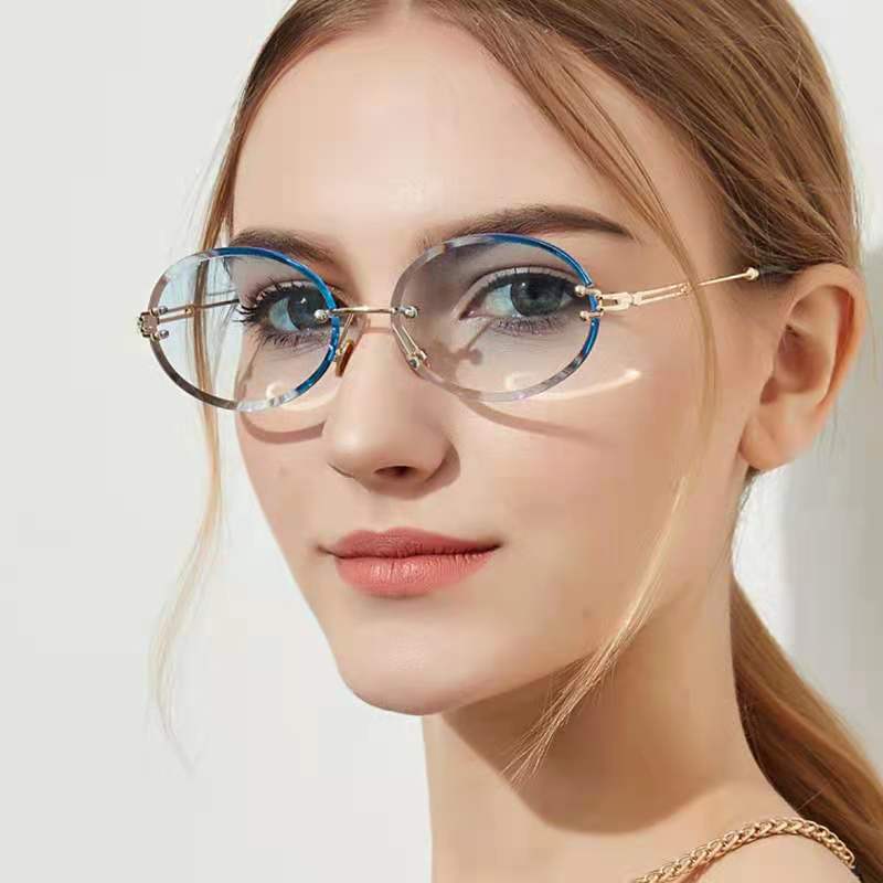 New Retro Oval Sunglasses For Women Personalized Small Round Frame Eyewear Gradient Color Frameless Diamond Cut Edge Eyeglasses