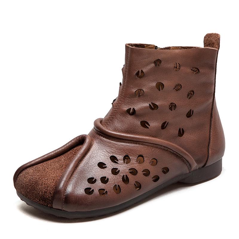 Shanghai Jiezhou 2024 Sandales Bottes Hautes Découpes Rétro en Cuir de Vachette - Chaussures Décontractées Confortables Polyvalentes pour Femmes