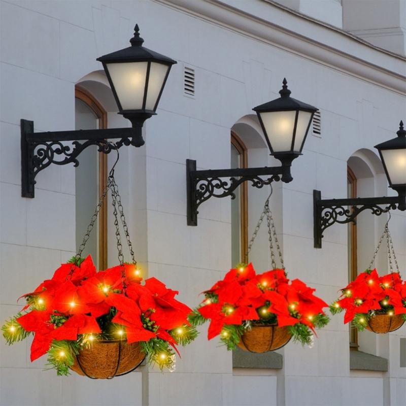 Artificial Poinsettia Floral Red Flowers Hanging Basket with LED Lights Christmas Hanging Basket Create Warm Atmosphere