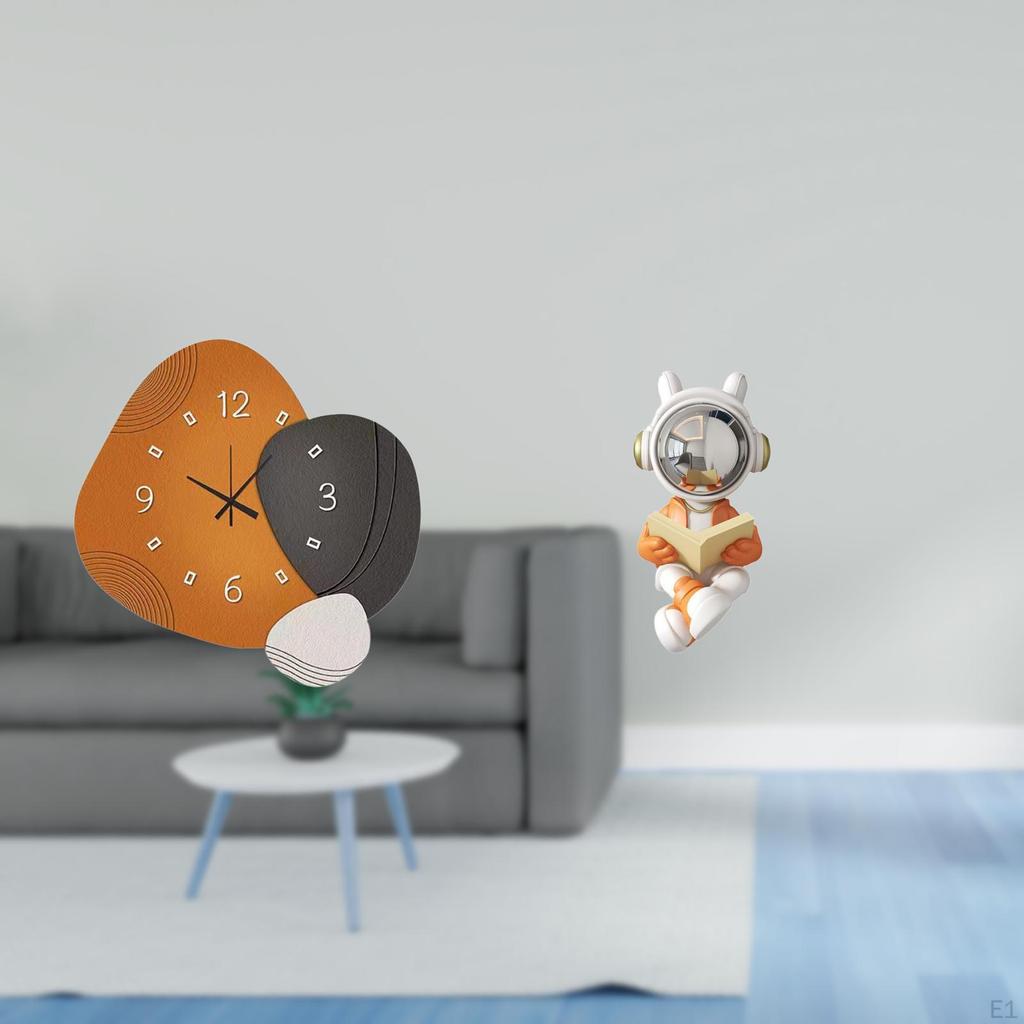 Modern Space Wall Clock Decorative Astronaut Sculpture Ornament Art Watch Wood for Bedroom Bathroom