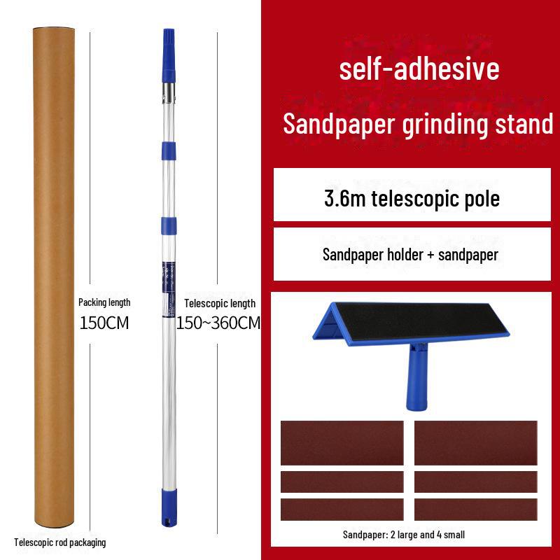 Adjustable Retractable Putty Scraper with Long Rod and Inner Corner Sandpaper for Right Angle Wall Grinding.