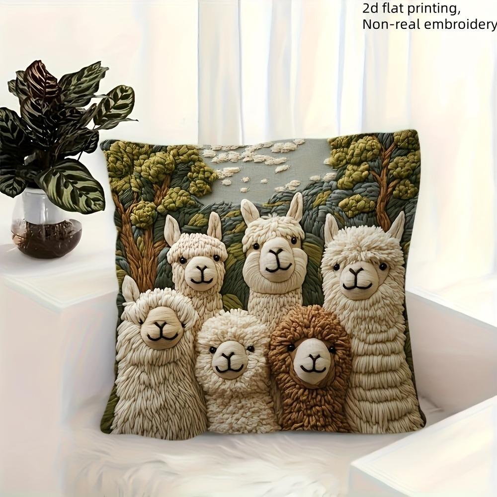 Cute Alpaca 2D Flat-Printed Non-Real Embroidery Pillowcase for Cozy Decor Sofa Cushion Cover, Home Decoration, 2D Printing