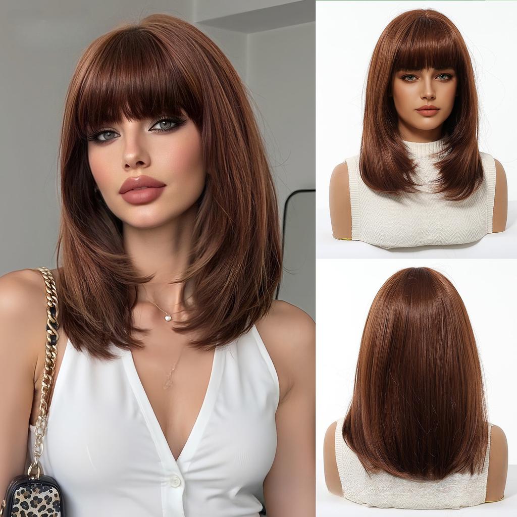 European and American Women's Golden Wig, Straight Bob Style, Medium Length Layered Synthetic Wig, Fashionable and Trendy Women's Wig