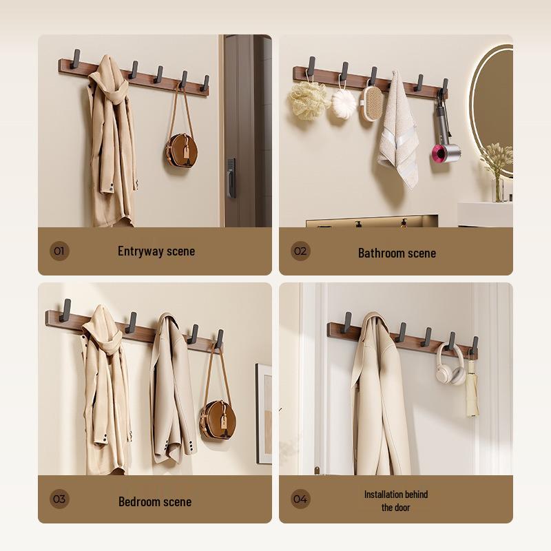 No-Drill Solid Wood Wall-Mounted Clothes and Hat Hook for Entrance or Hallway