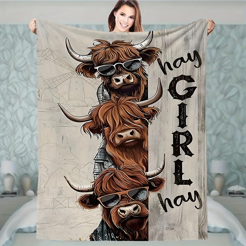 Highland Cow Flannel Throw Blanket,Soft Warm Cow Print Blanket for Sofa Bed,Farm Animal Decor Office Camping Travel Cozy Gift