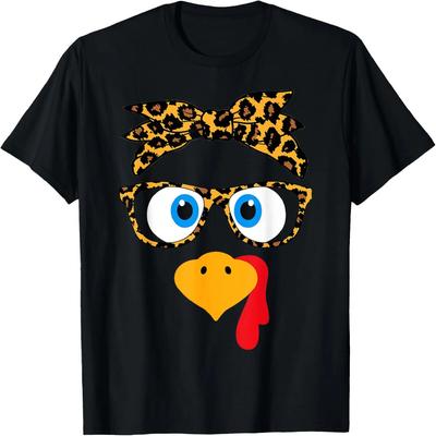 Leopardenmuster Truthahn Gesicht Thanksgiving Brille Damen Mädchen T-Shirt