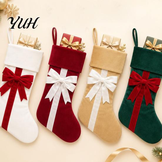 Holiday Home Decorations Christmas Stockings with Bow, 18 Inch Large Velvet Plush Cuff, Gift Storage Bags Hanging Decor for Fireplace And Candy Retro