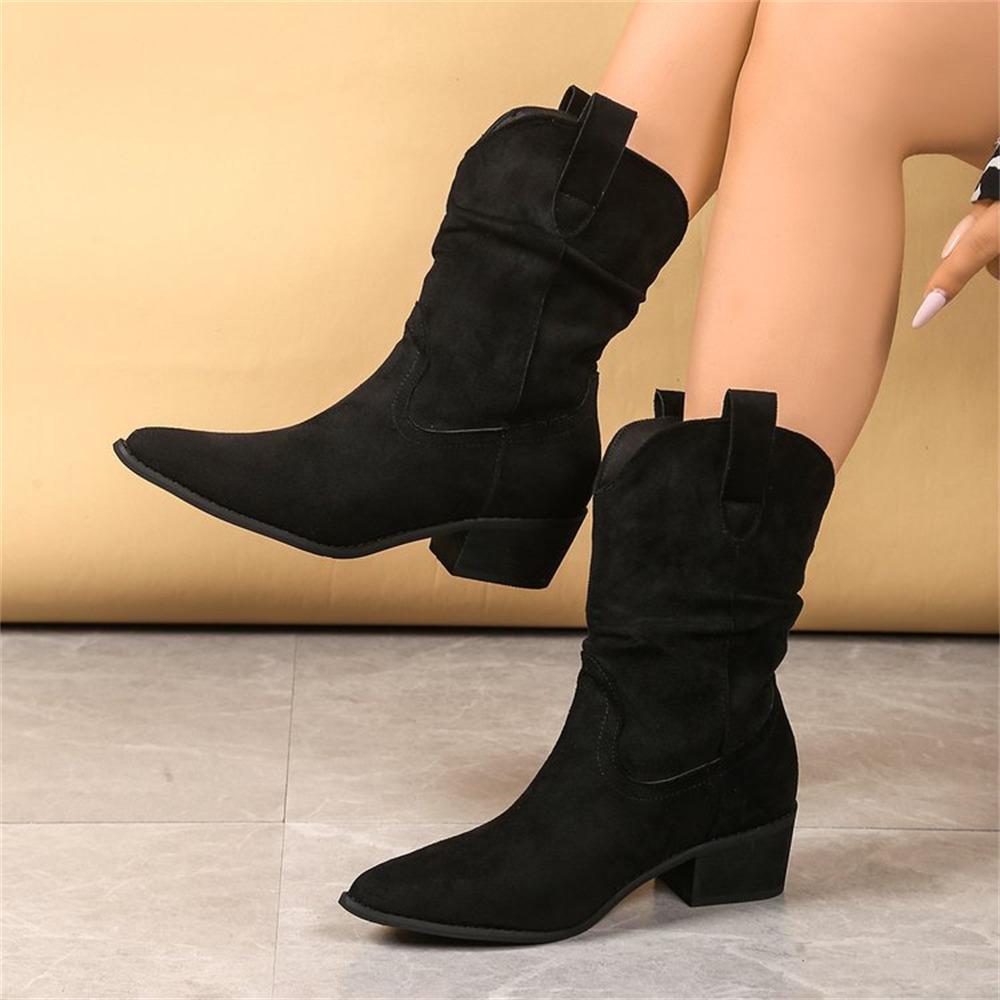 Big Size 43 Vintage Black Cowboy Boots Women Retro Leopard 5cm Heels Mid-calf Boots Shoes Winter Beige Cowgirls Western Boots