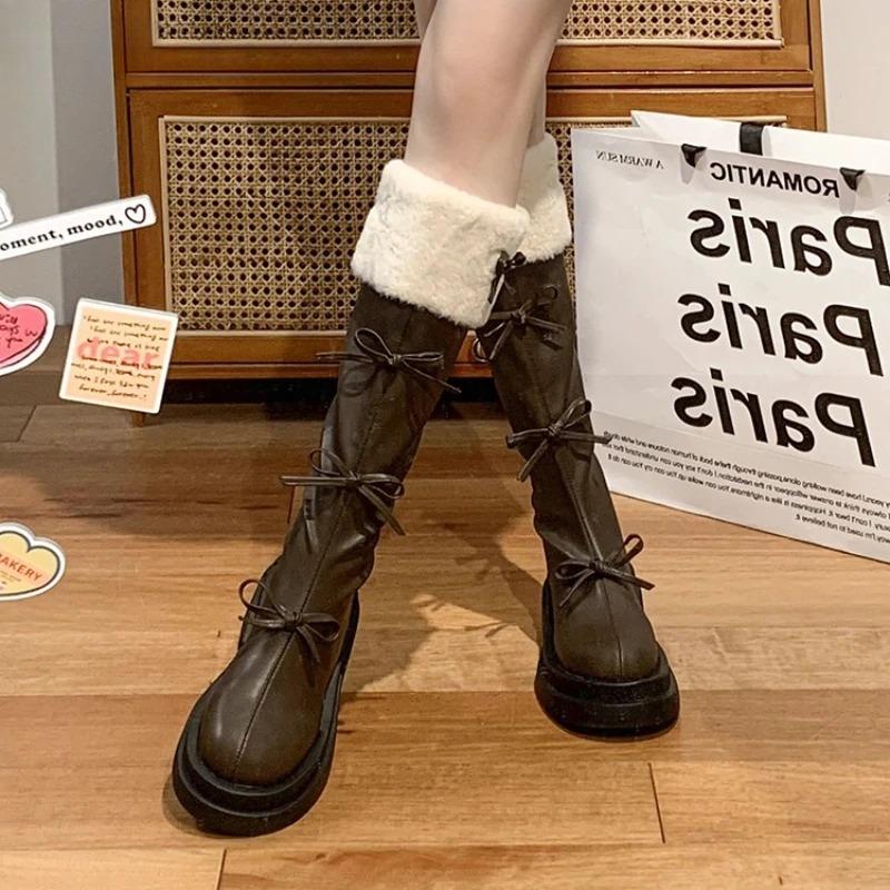 Autumn Winter Short Plush Woman Knee High Boot Fashion Butterfly-knot Knight Long Booties Thick Bottom Botas Feminino