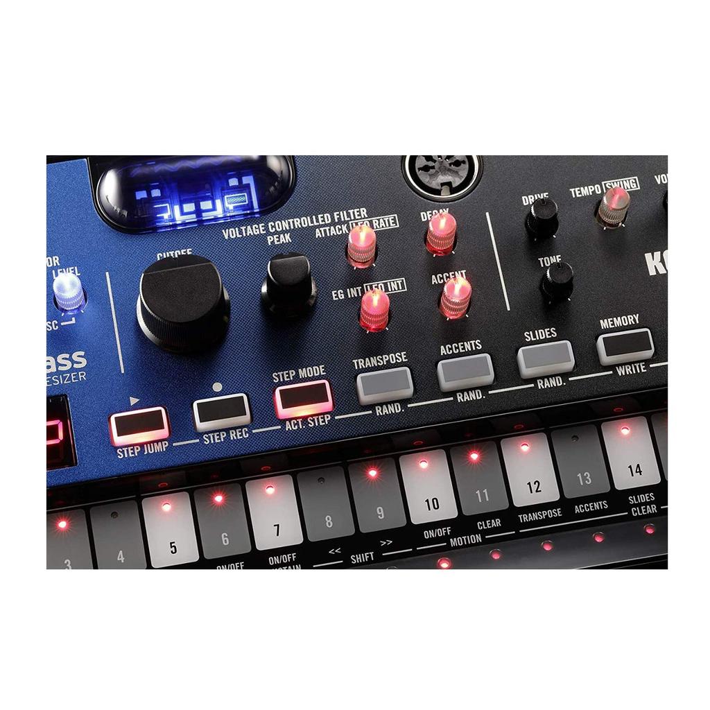 KORG volca nubass synthesizer bass machine with Nutube vacuum tube circuitry, a 16-step sequencer, built-in speaker, and headphone compatibility.