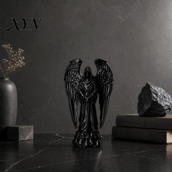 Black Matte Finish Statue 3D Printed Sculpture Decoration, Dark Gothic Angel Decoration with Detailed Feather Decor Texture, Figurine for Home Office