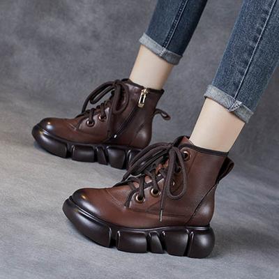 Fashion Women Genuine Leather Platform Wedge Spring Autumn Ankle Mid 5CM Calf Motorcycle Booties Woman Thick Sold Shoes 35-40