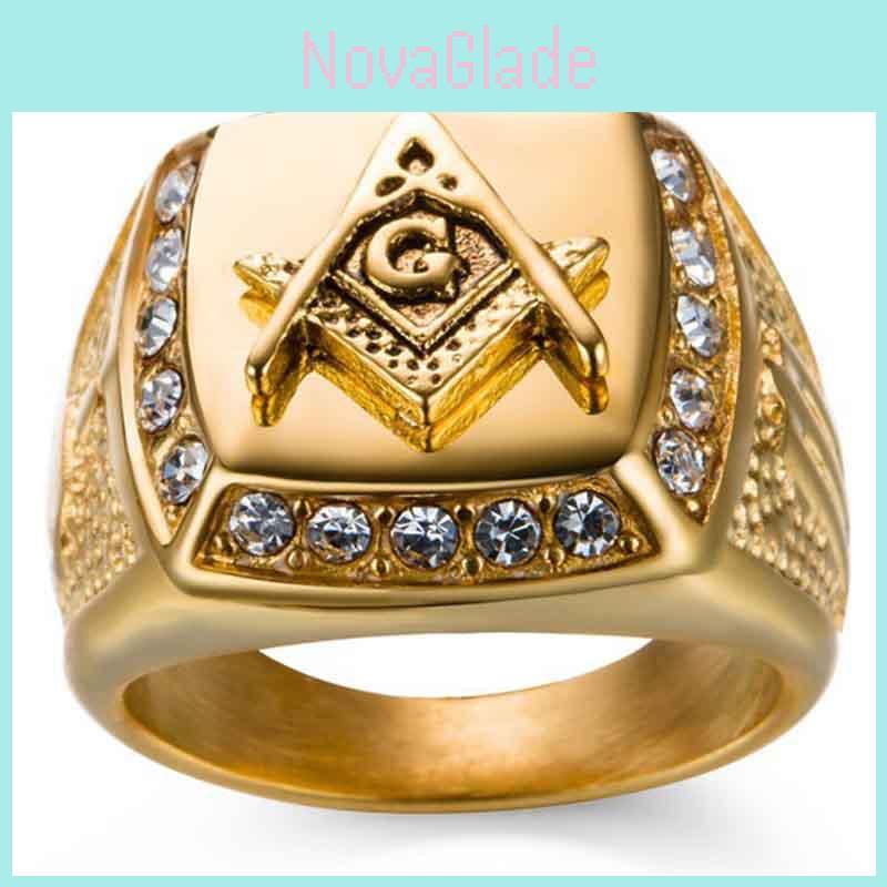 Trendy Geometric Masonic Symbol Ring With Artificial Gemstone Inlay For Mens Hip Hop Fashion Jewelry