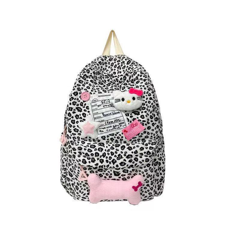 Hello Kitty Cartoon Nylon Backpack With Splicing And Contrast Stitching For Daily Commuting