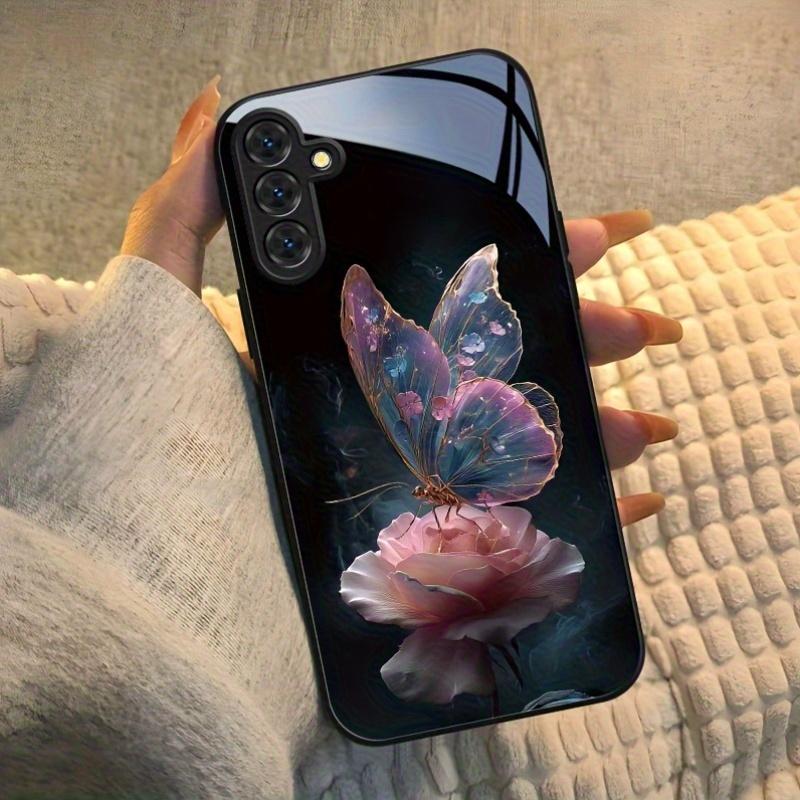 The Butterfly Glass Phone Case On the Pink Rose Is Suitable for Samsung Galaxy S26 S25 S24 S22 S21 S20 FE/Ultra/Plus Anti Drop