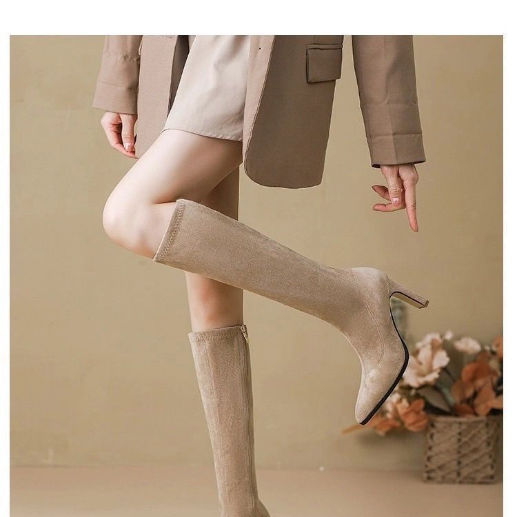 Pointed high-heeled boots for women's autumn 2025 new apricot suede elastic thin boots, but knee thick-heeled high boots