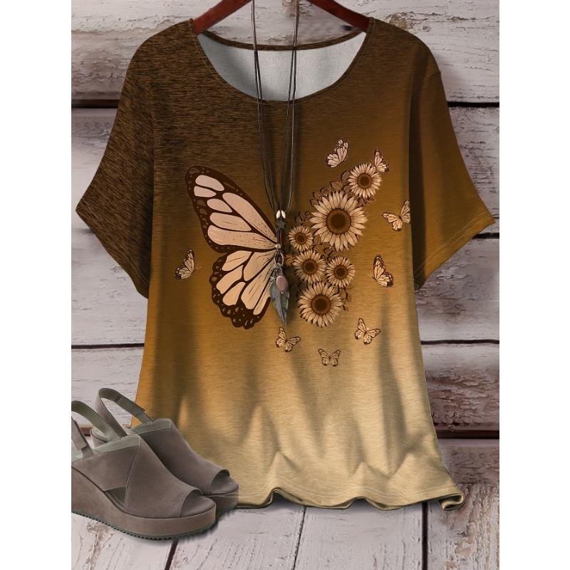 

Women s Gradient Sunflower Print Short Sleeve Crew Neck T-Shirt S