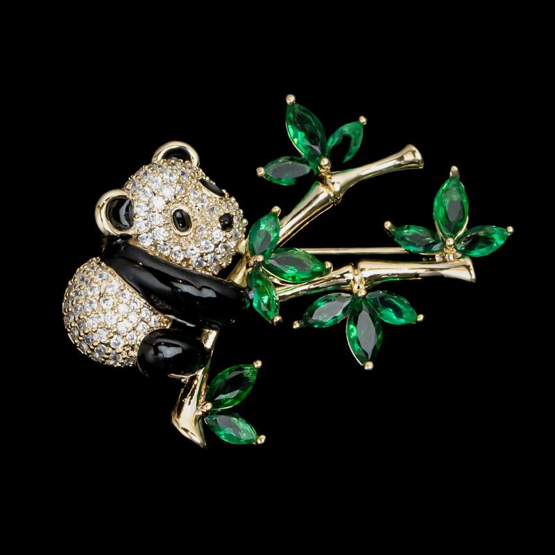 Rhinestone Cute Panda Brooch Creative Bamboo Animal Design Anti-scratch Jewelry for Women Jacket Backpack Travel Wear