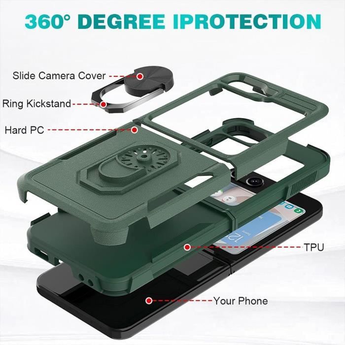 Coque pour samsung galaxy z flip 6 - protection rigide anneau arrière anti-rayures bordure renforcé - vert nuit