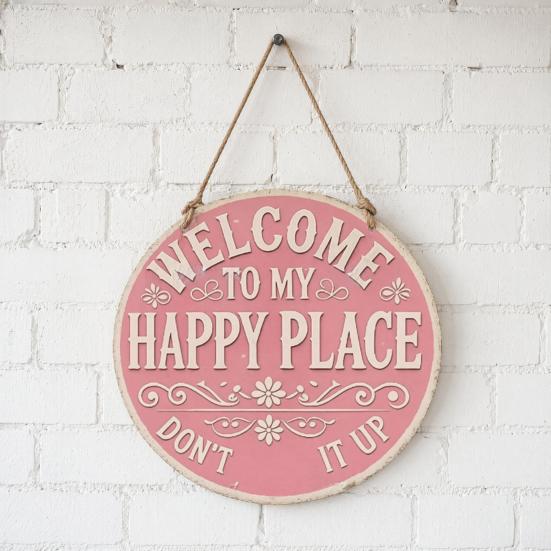 Funny Garden Wooden Sign Vintage This Is My Happy Place Welcome Round Sign Farmhouse Rustic Hanging Wall Decor for Home Bar Patio Man Cave