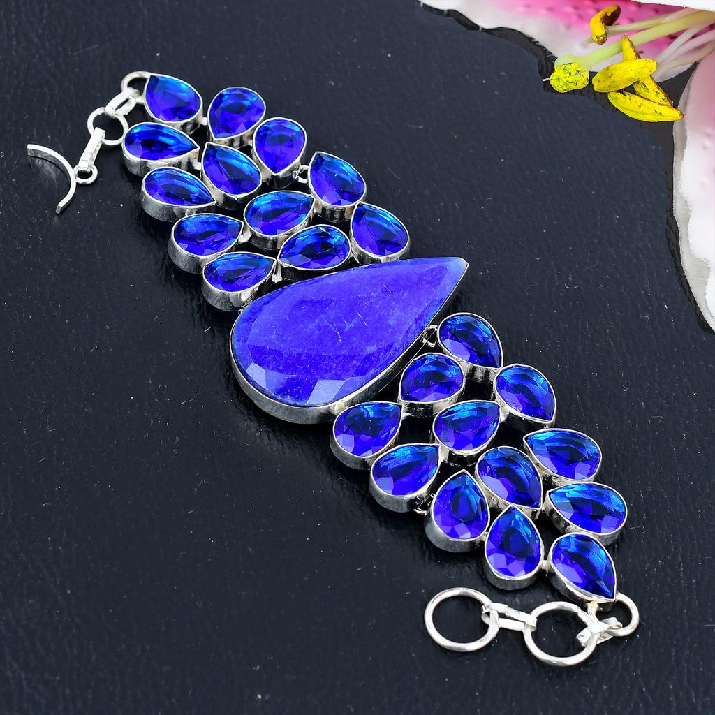 Lapis Lazuli, Blue Topaz Gemstone 925 Sterling Silver Bracelet 7-8" KG-1819
