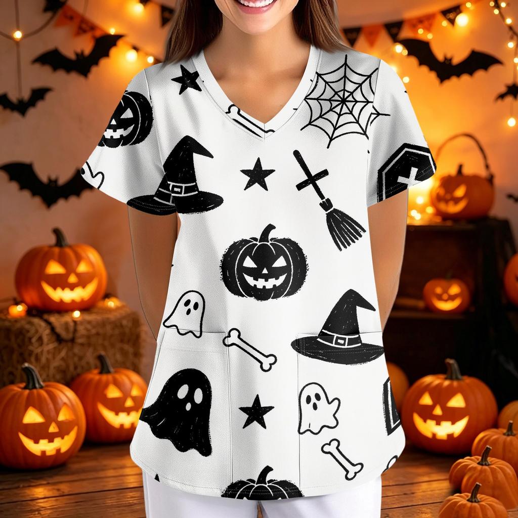 Women's Halloween Print Loose Fit V Neck Short Sleeve Medical Scrub Top with Pockets Comfortable Workwear for Healthcare Professionals