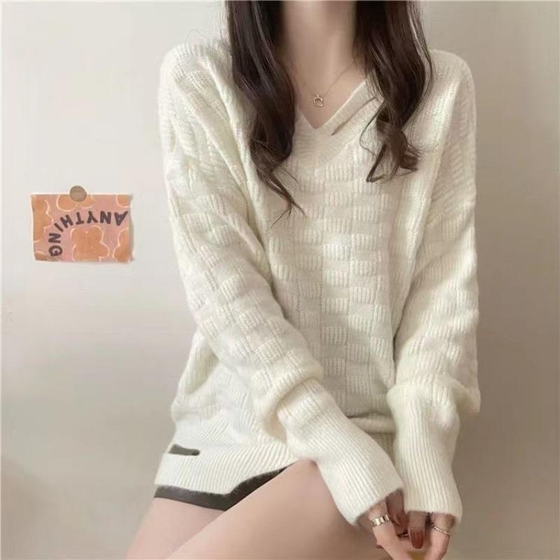 Autumn Winter V-neck Loose Casual Hole Sweater Women Solid Color Simple All-match Irregular Knitting Pullover Top
