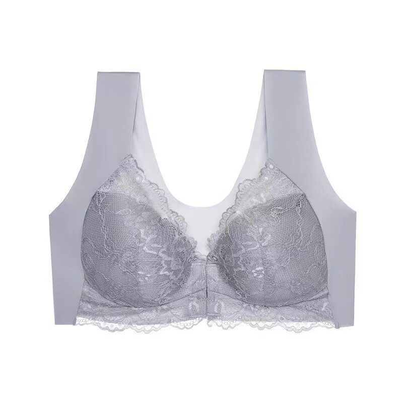European and American Style Front-Clasp Bra Without Underwire, Lace Seamless Vest-Style Bra for Women with Small Busts M Gray