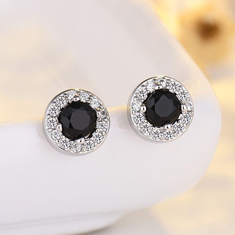 

New Silver Stud Rhinestone-Encrusted round Studs Women s Personalized Hip Hop Zircon Men s and Women s Street All-Match Graceful and Petite ED162 Black Diamond