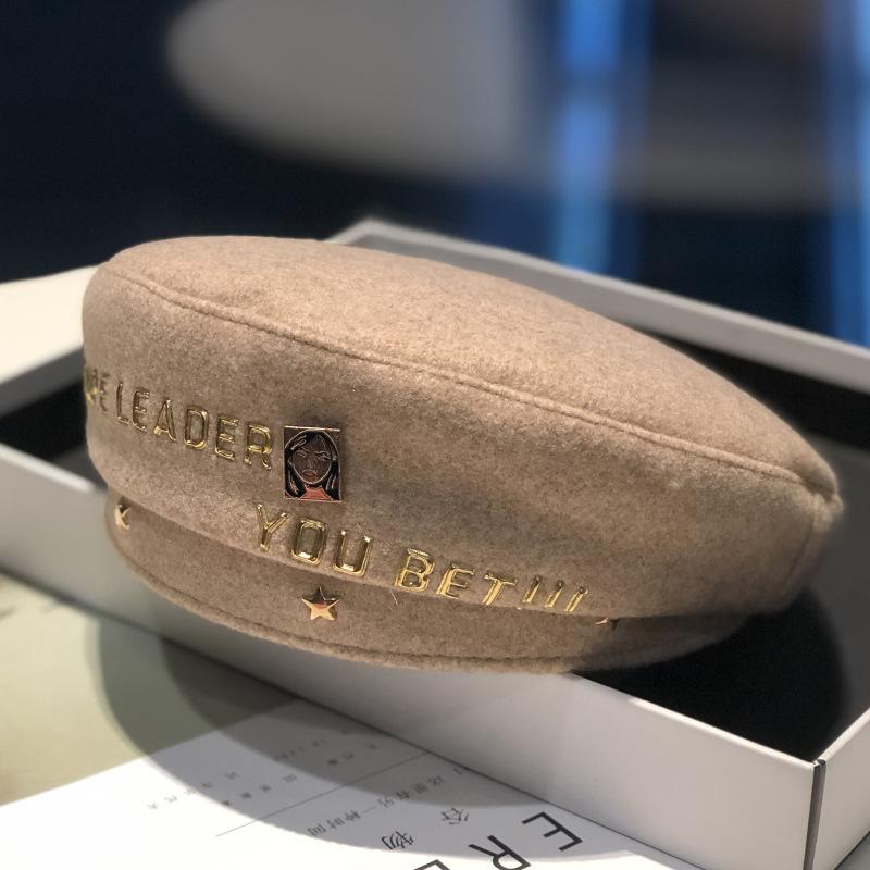 Golden Letter Rivet Decoration Woolen Beret Women Autumn and Winter British Retro Painter Hat Ladies Bud Hat
