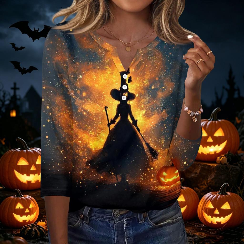 Womens Halloween Print V Neck Button Front Three Quarter Sleeve Casual T Shirt Top with Relaxed Fit and Lightweight Fabric for Seasonal Wear