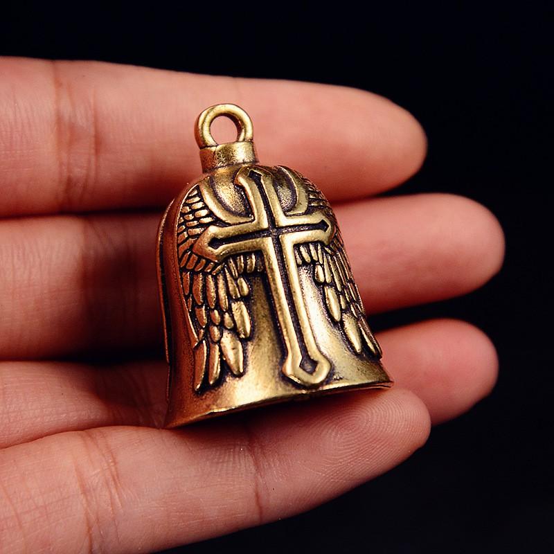 Brass Vintage Cross Bell Keychain Handmade Wind Chime Pendant Ethnic Style Key Ring Decor