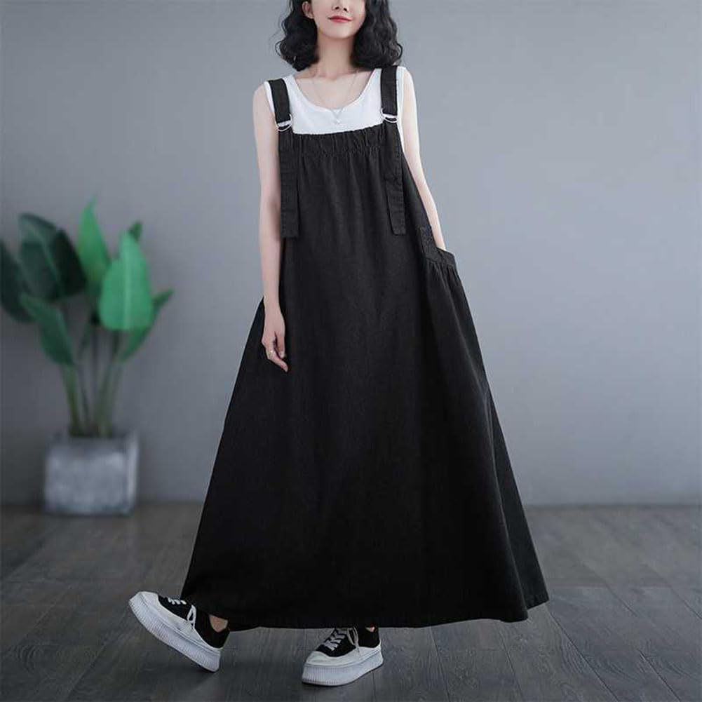 Denim Jumper Overall Cami Layered Cami Long Overalls Denim Solid Maxi Oversized Sleeveless [Pinyifang] Women's Skirt, Skirt, Dress, Dress, Dress,